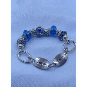 Handmade Blue Glass Bead Rhinestone Silver Tone Heart Charm Bracelet‎ B34